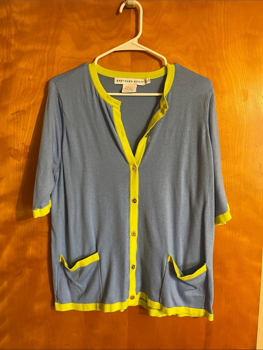 Gretchen Scott Designs Blue Cardigan with Lime Trim